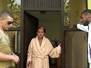 Hot old lady takes two cocks at once