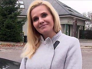 Busty blonde Euro Milf bangs in car