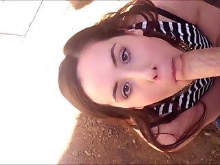 Brunette hottie BJ & sex Outdoors